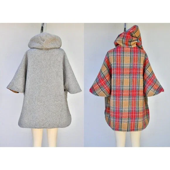 REVERSIBLE Hooded Poncho - Wool Cloak Cape - Woodland - Reversible Cape OS - Picture 4 of 10